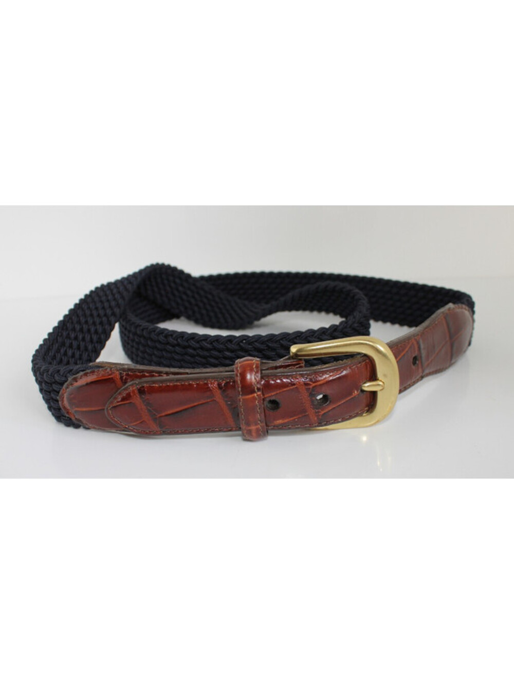 Brighton Men's Navy Elastic Cord Croco Tab Taper Leather Belt Size 42 33514